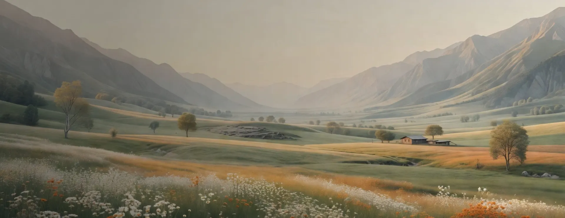 A wide mountain valley landscape in soft light